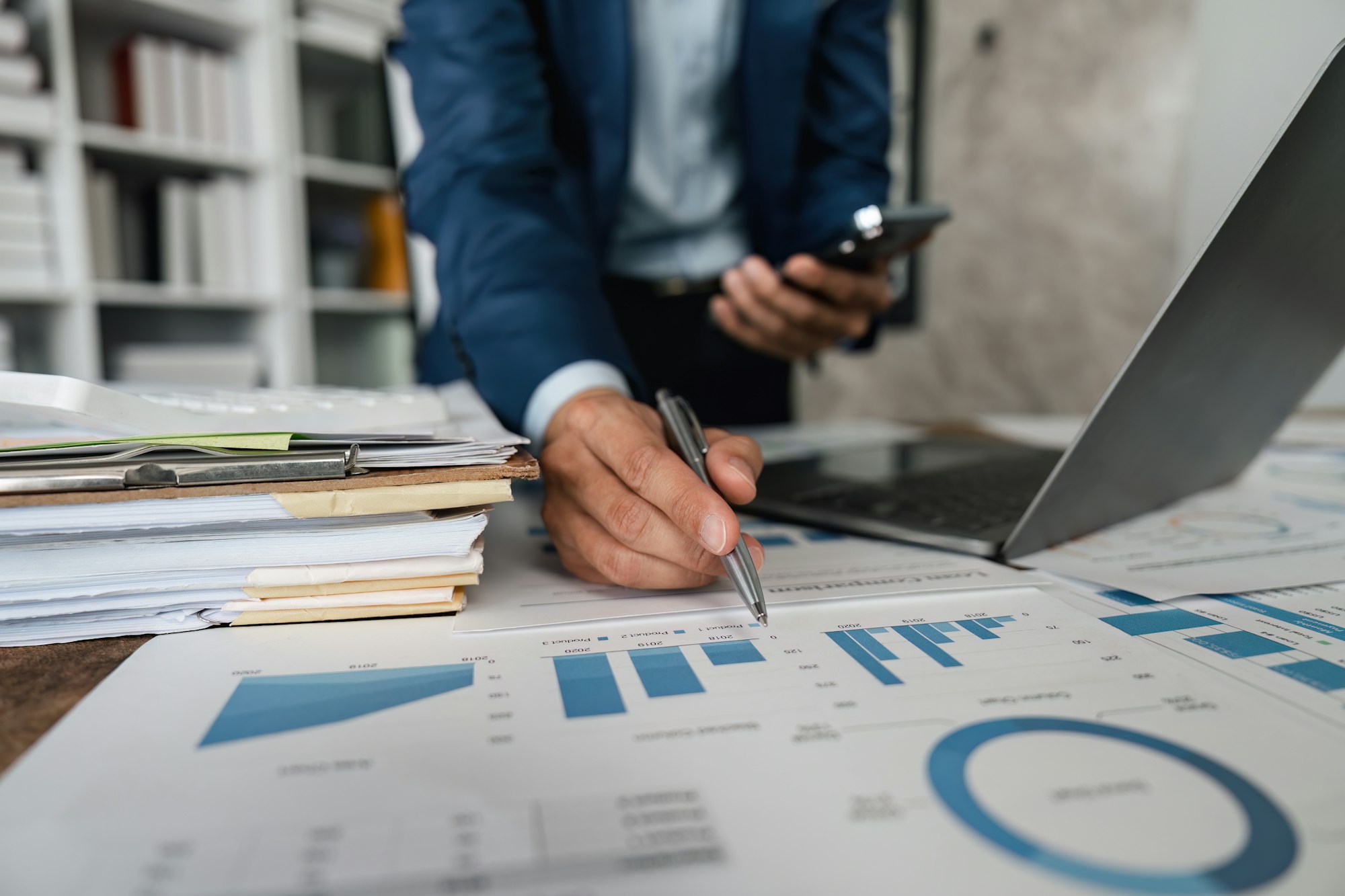Businessman analyze company performance profits and growth, Marketing research report and income